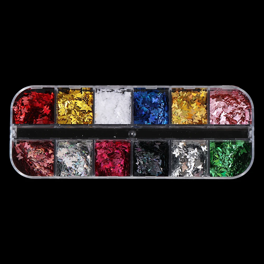 12 сетки/коробка зеркальные Блестящие бабочки для ногтей блестки смешанные цвета