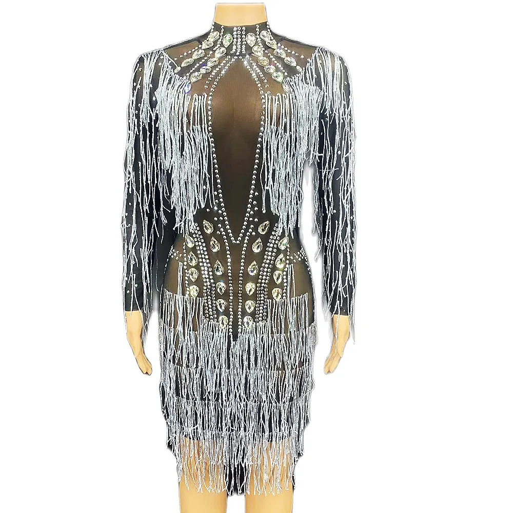 

Sparkly White Crystal Tassel Women Rhinestones Dress Perspective Singer Stage Performance Dance Costume Drag Queen Outfit