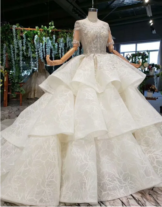 Тюль Половина рукава Иллюзия Высокая шея Weding платья Пышное Свадебное Платье