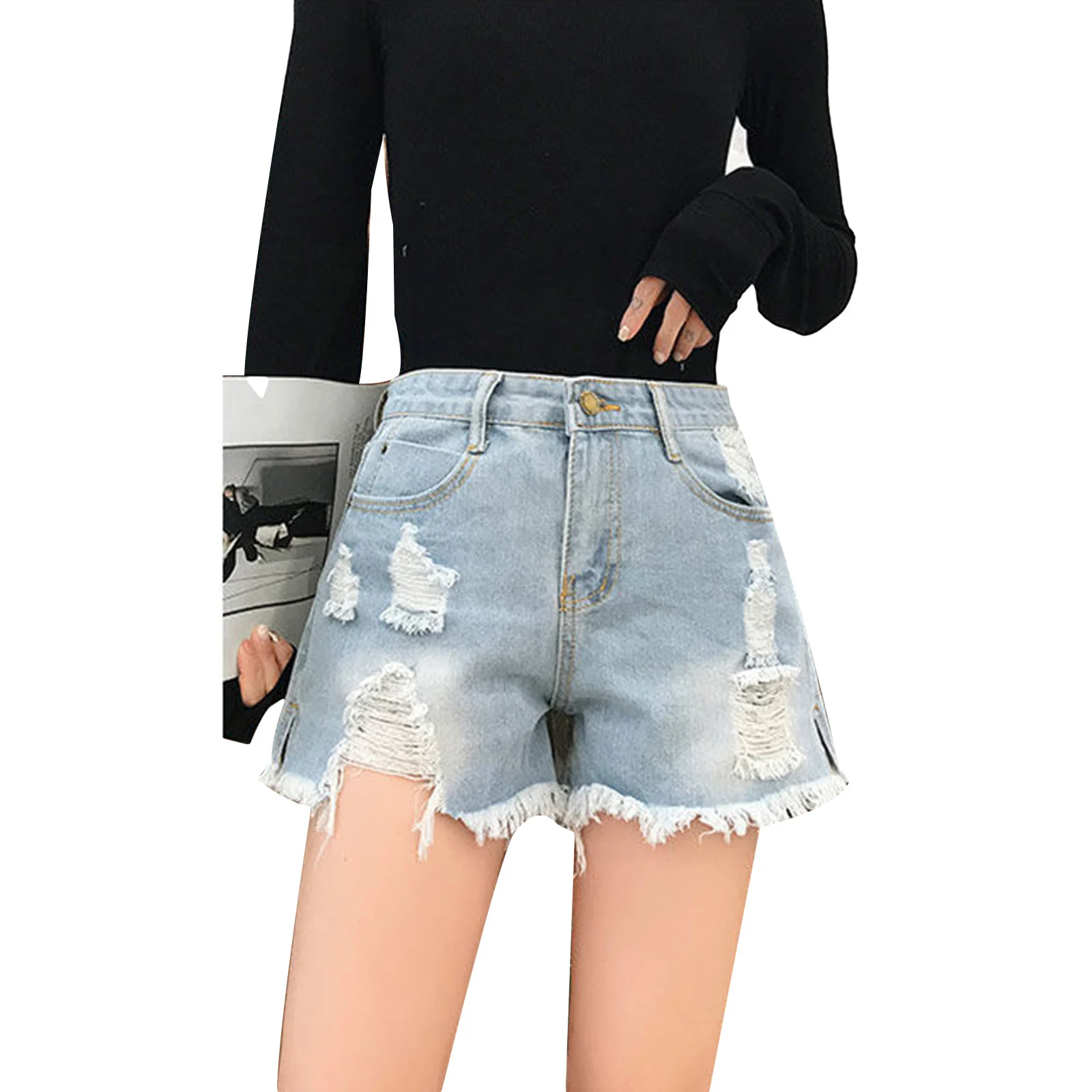 

Summer Women Ladies Ripped Denim Shorts Girls High Waist Rough Selvedge Loose Jeans Female Casual Short Trousers Outfits s-2xl