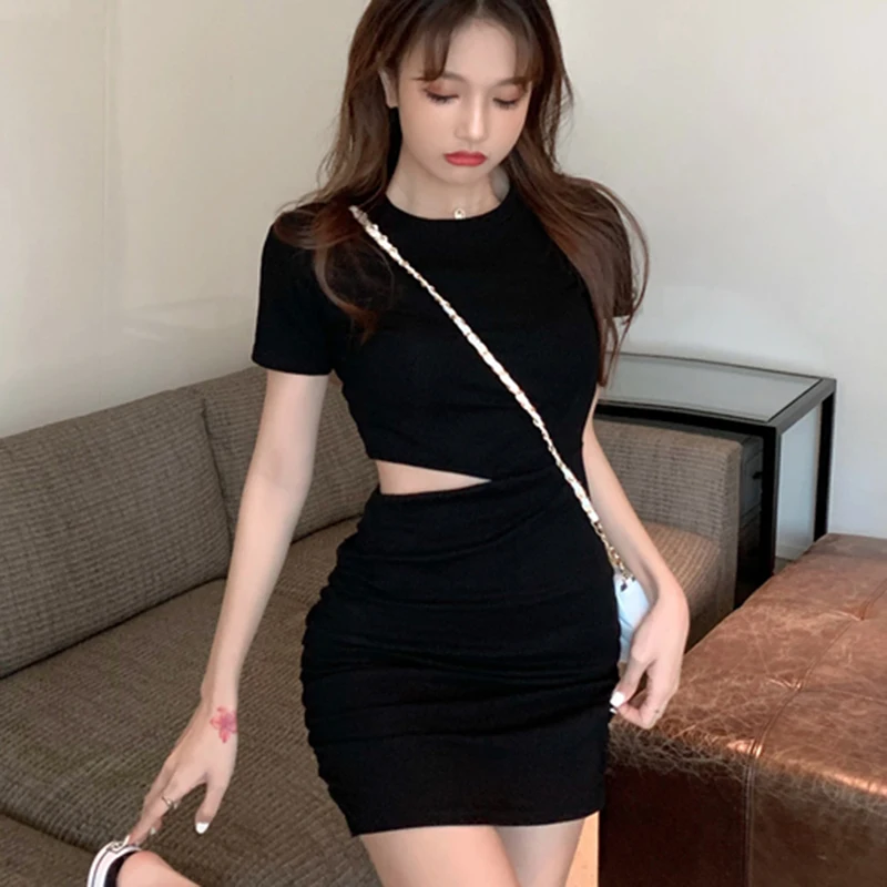 

Lucyever Women's Sexy Hollow Out Bodycon Dress 2021 Summer O Neck Short Sleeve Mini Dresses Female High Waist Black Dress Woman