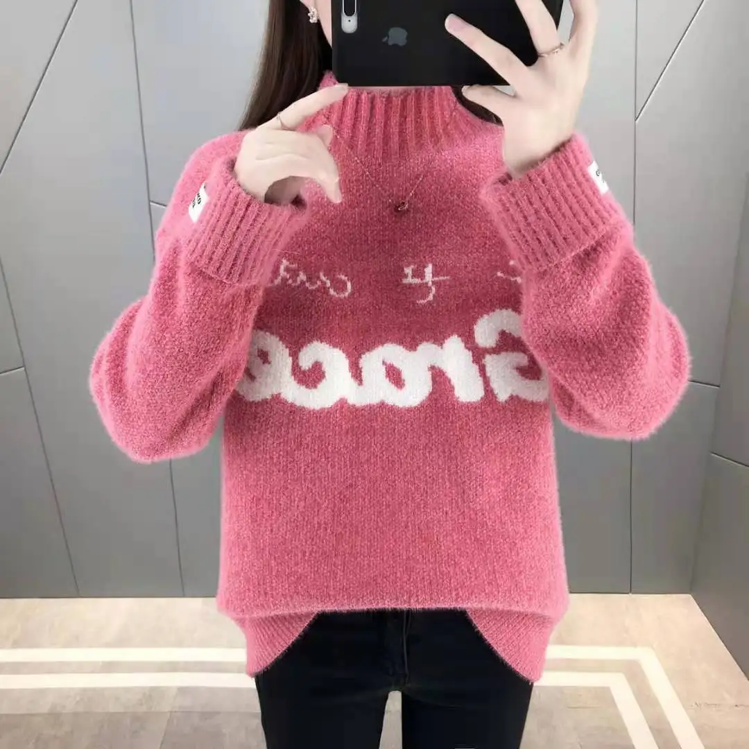 

EBAIHUI Chenille+Faux Mink Cashmere Sweater Women Letter Print Mock Neck Pullover Knit Top Warm Plus Velvet Winter Jumper