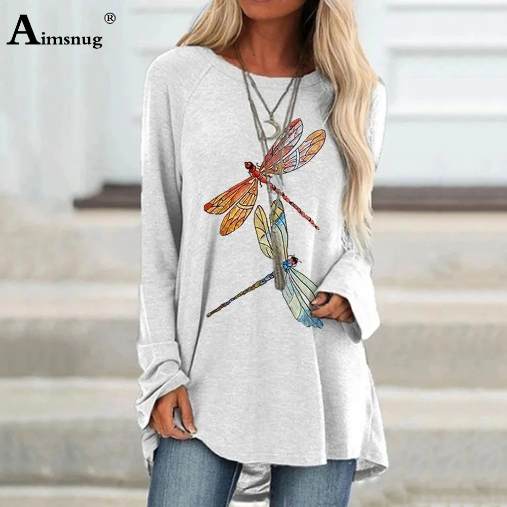 

Plus Size 3xl Women Elegant Leisure Casual T-shirt dragonfly Print Tops Loose Womens Clothing 2020 Autumn New Tees shirt Femme