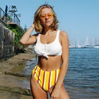 Комплект бикини CUPSHE Женский, белый, в желтую полоску, со средней талией, купальник из двух предметов, с завязками спереди, пляжные купальники, 2021