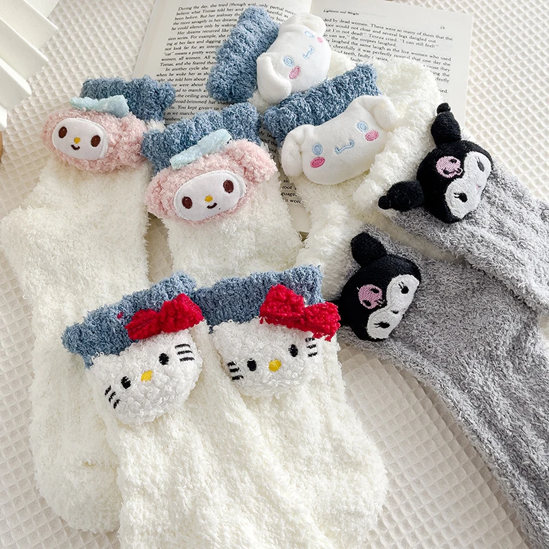

Sanrio Jk зимние теплые носки для сна Kawaii Mymelody Kuromi Cinnamoroll Hellokt женские коралловые флисовые Носки толстые японские милые