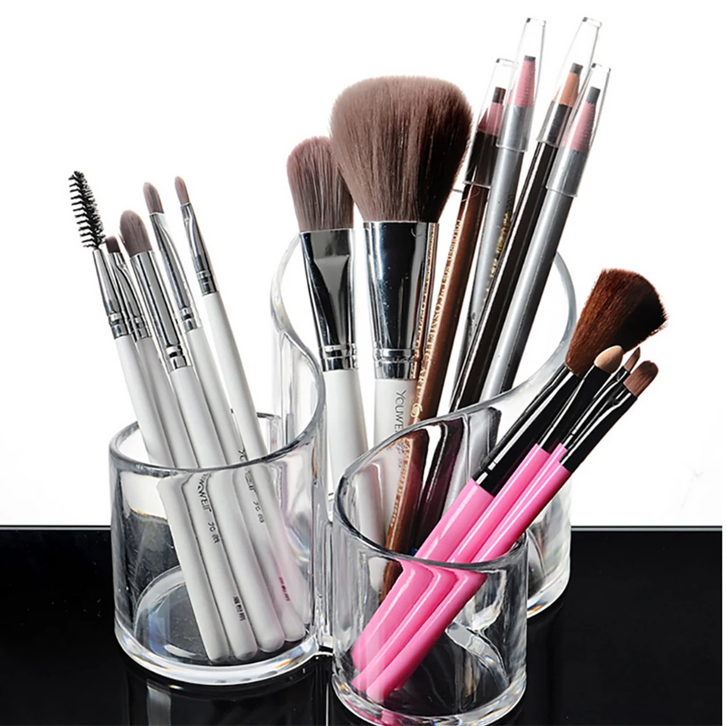 

Clear Acrylic Makeup Brush Holder 3 Compartment Lipstick Organizer Case Multi-functional