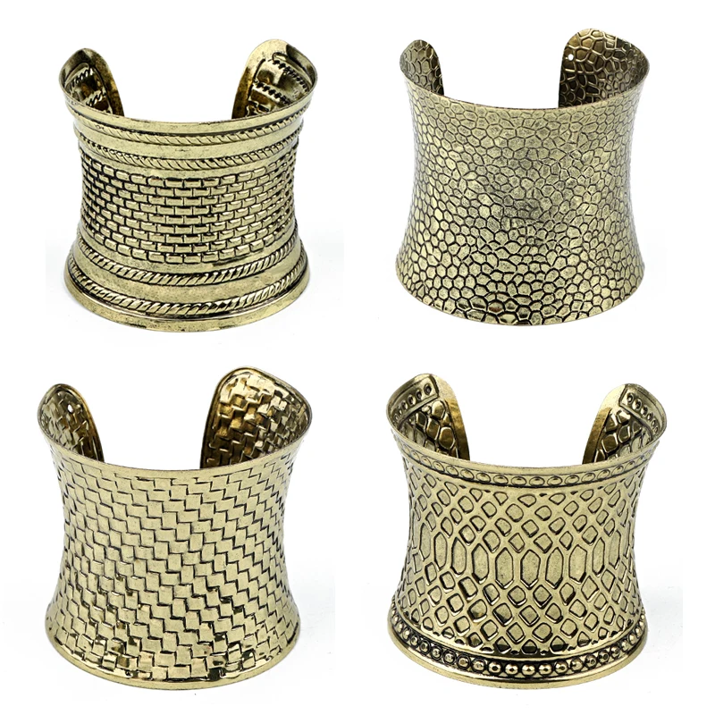 Женский винтажный браслет Dayoff широкий золотистого цвета с волнистым узором в