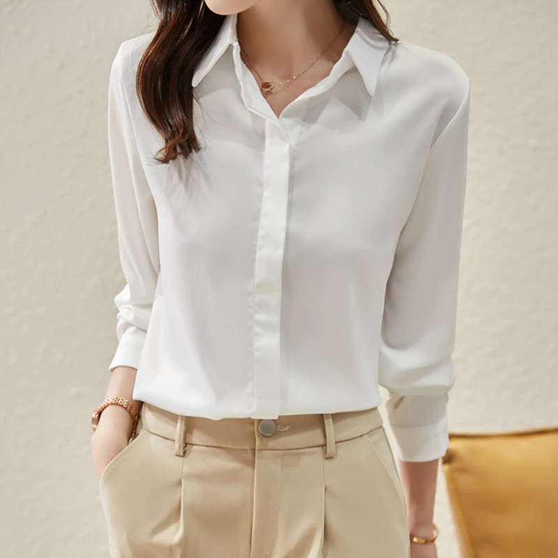 

Женская шелковая атласная элегантная белая рубашка на весну и осень, Офисная Женская рабочая одежда, повседневные топы, женская модная блуз...