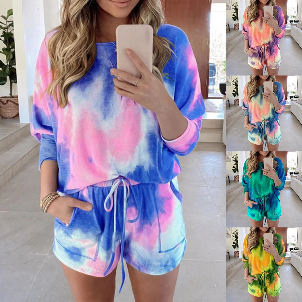 

Tie Dye Printed Women Clothing Set Two Piece Long Sleeve Blouses + Shorts Ladies Outfits Fashion Casual Female Clothes Set 2021