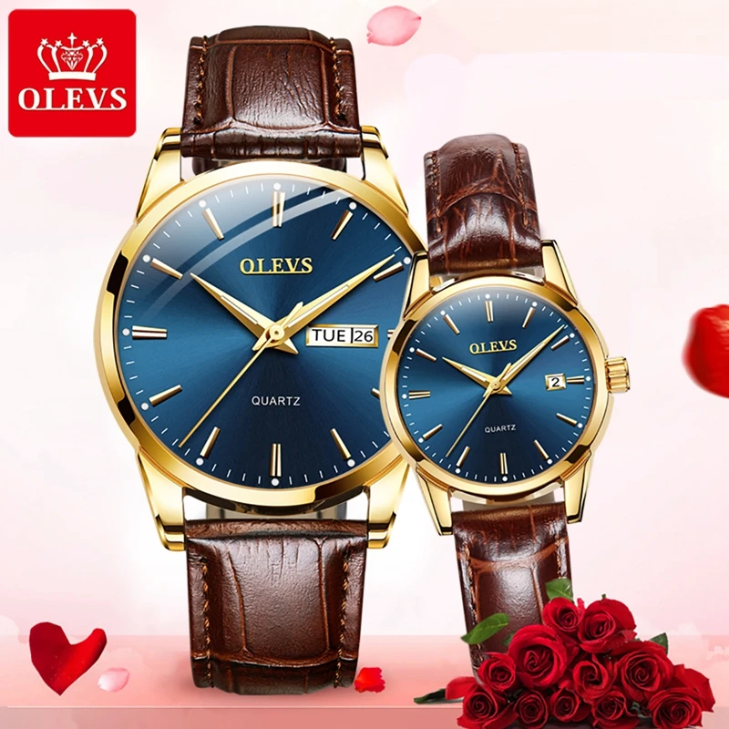 

OLEVS Fashion Couple Watches Mens Ladies Quartz Watch Leather Strap Design Brand Lover Wristwatches montre homme femme