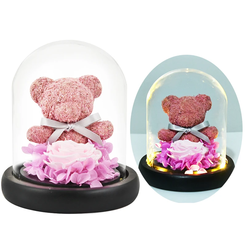17cm Pink Bear Light Красота и чудовище, искусственные цветы, вечная Золотая фольга, роза, светодиодный светильник, стеклянный купол, ночник, подарок на день рождения для девочек - Цвет: 17cm Pink Bear Light