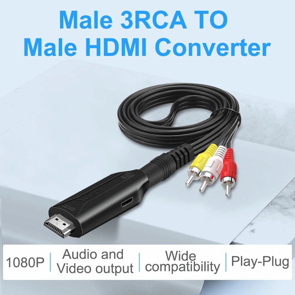 Male RCA AV/CVSB L/R Video to HDMI  AV Scaler cable Adapter HD Video Converter Box 1080P Support NTSC PAL
