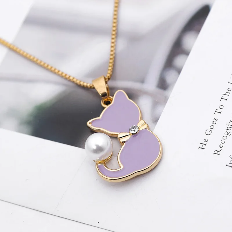 

Cat Pendant Enemal Chain Necklace New Design Cartoon Crystal Charms For Women Accesorries Fashion Jewelry Birthday Gift