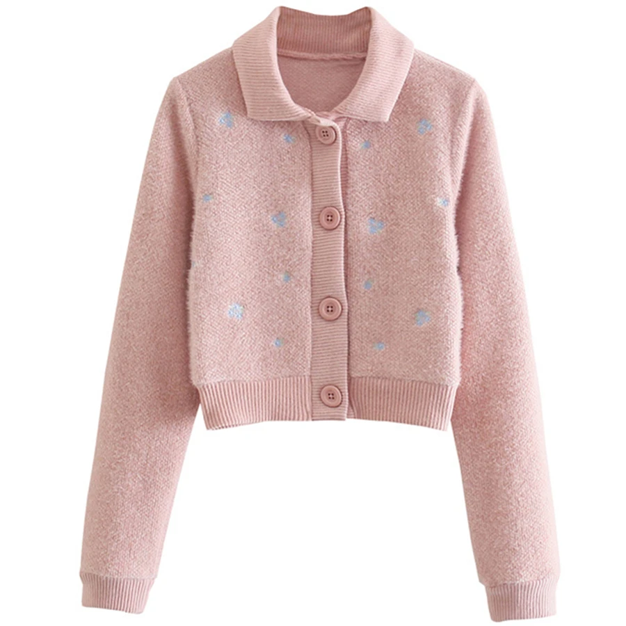 

Elmsk зимние свитера, женские модные вязаные кардиганы в английском стиле с цветочной вышивкой розового цвета с длинным рукавом, женские коро...