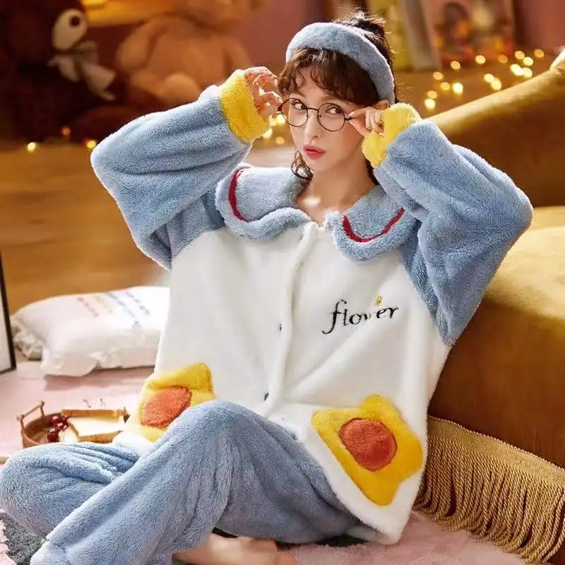 Pyjamas Women Winter Flannel Pajamas Sets Thick Warm Long Sleeve Full Trousers Two Pieces Homewear Home Nightie