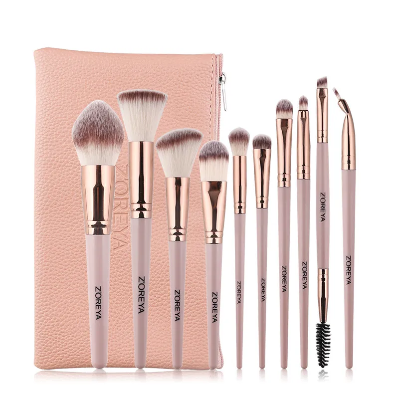 10Pcs Pink with Bag ZOREYA 10 шт., Профессиональные кисти для макияжа, супер мягкие синтетические волосы, набор кистей для макияжа, подводка для глаз, пудра, основа, косметический набор - Handle Color: 10Pcs Pink with Bag