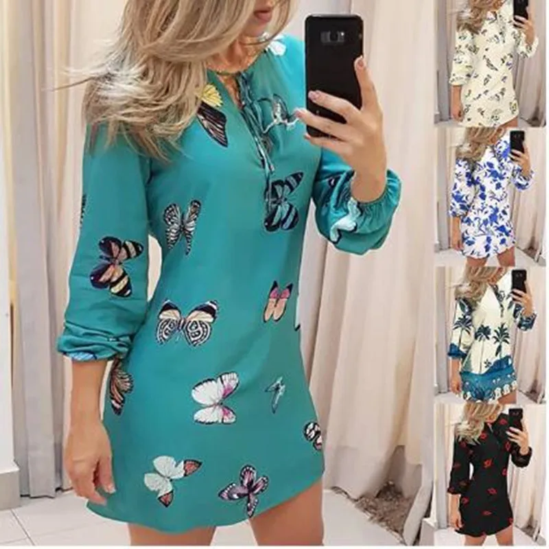 

Retro Style Dress With Chinese Characteristics Printed Butterfly Lip Bandage Casual Long-sleeved Autumn Dress on Sale