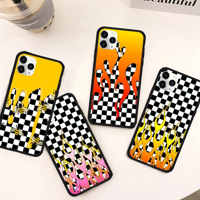 Чехол JAMULAR в шахматную клетку с пламенем для iPhone XS MAX 11 Pro X XR 7 8 6 6s Plus черно белый