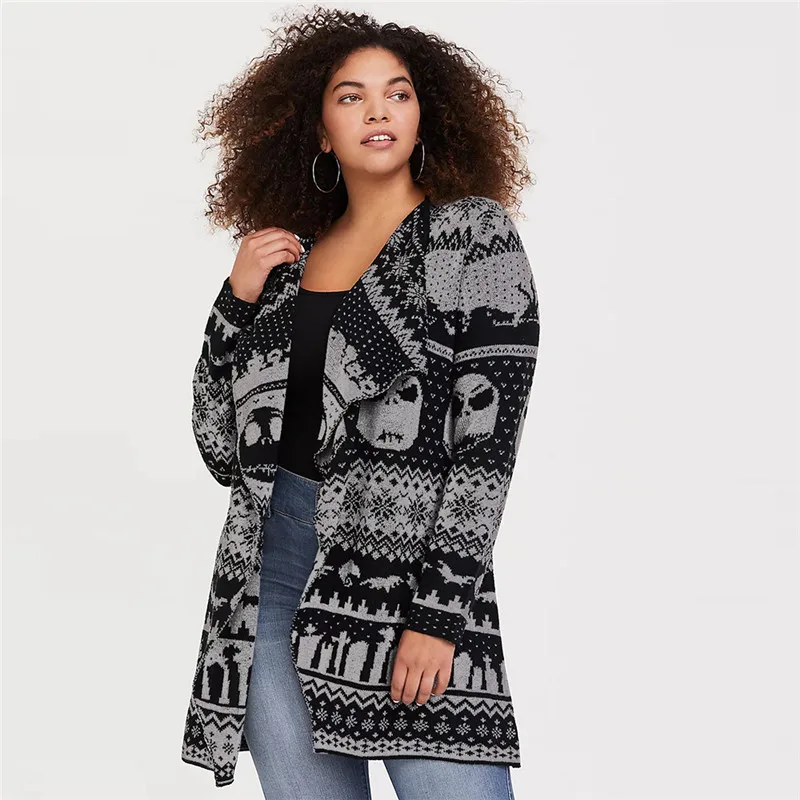 

ISAROSE Women Sweater Cardigan Autumn Knitted Skull Turn-down Collar Plus Size Cardigans Coat Hip Reach Long Sleeve Outerwear