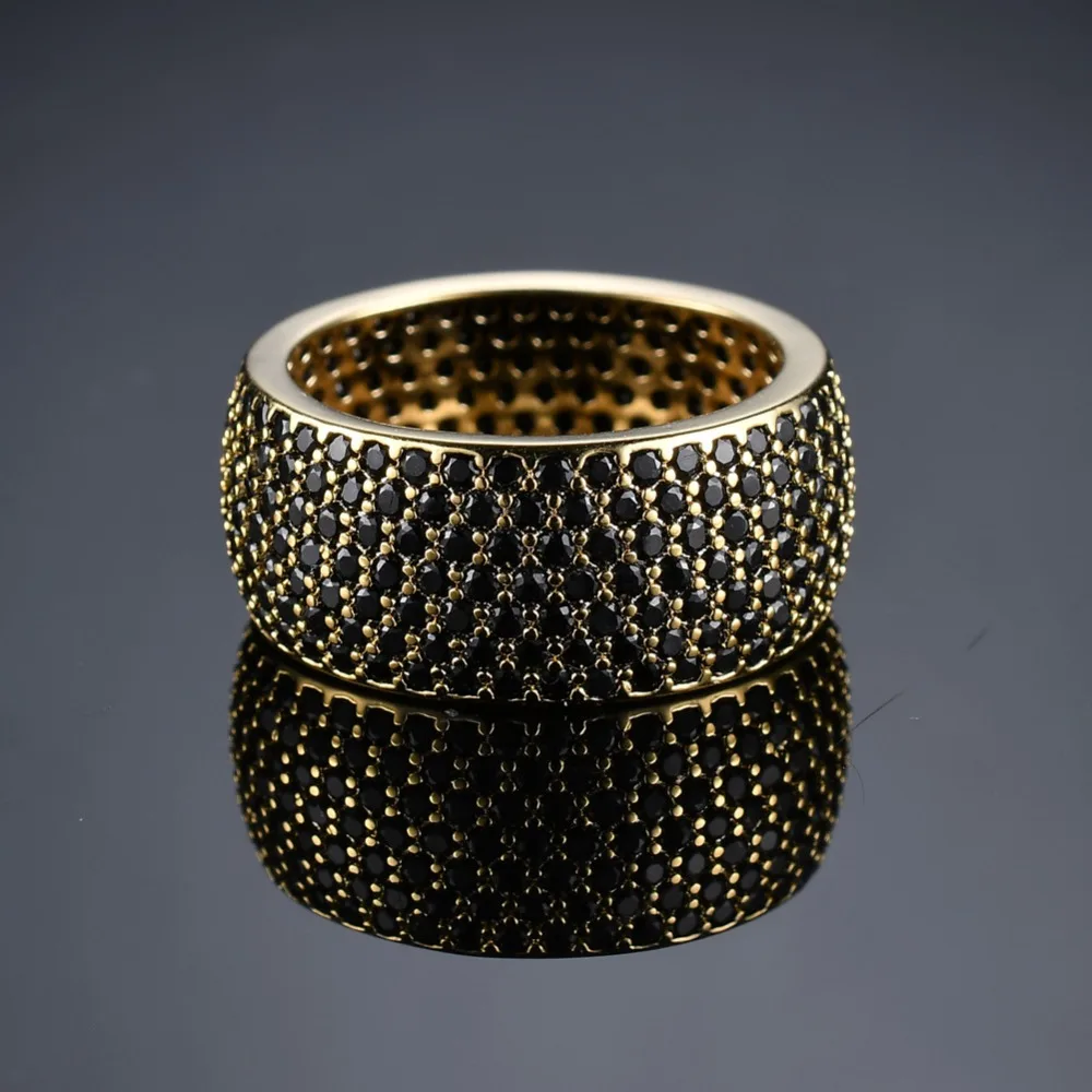 

New Fashion Gold Men Iced Out Bling High Quality Rings Pave Full Black Zircon Cool Ring Hip Hop Jewelry Gifts for Man and Women