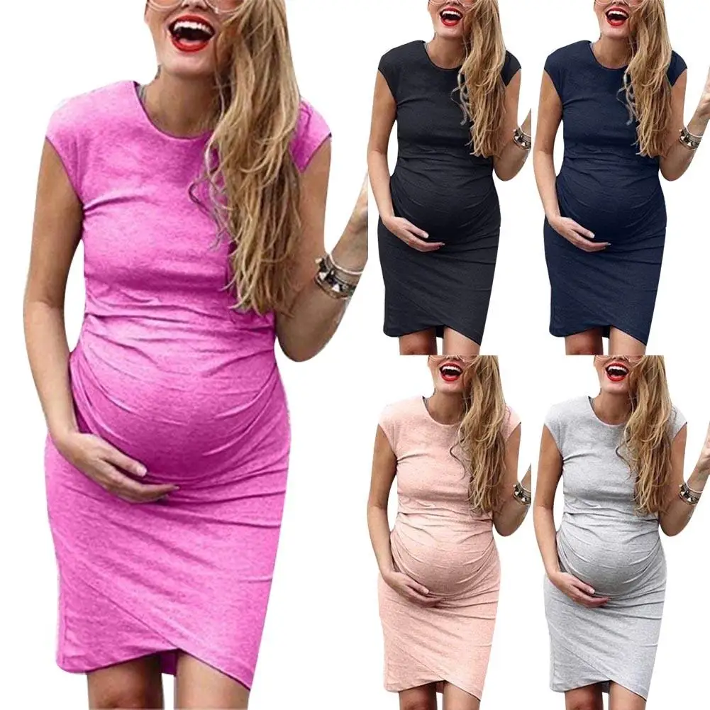 Для беременных женщин большие размеры однотонное платье с круглым вырезом и