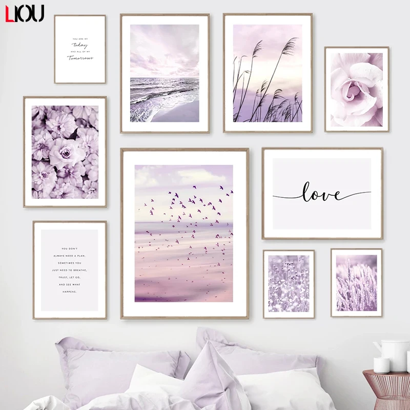 Картина холст фиолетовый sea purple pink peony seagull настенное искусство скандинавские