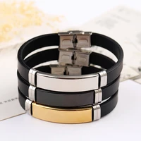 stainless steel blank id tags silicone bangle for engrave silver colorgoldenblack metal plate bracelet wholesale 10pcs