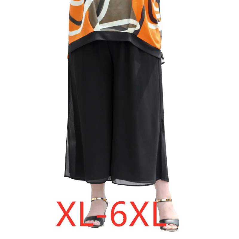 

New 2021 summer plus size cropped pants for women large loose casual black wide leg chiffon trousers 3XL 4XL 5XL 6XL