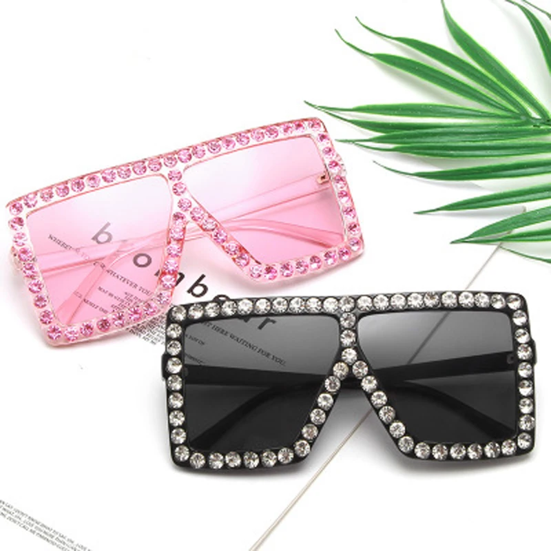 

2020 Summer New Woman's Sunglasses Fashion Rhinestones Square Mixed Colorful Oversized Shade Eyewear