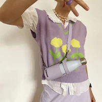 mosimolly cute floral sweater vest women knitted sleeveless jumper vest v neck floral jacquard sweater