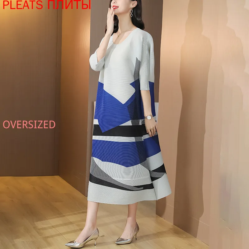 

Miyake Pleated Print Dress New large Size Women's Dress Show Thin A-line Dresses PLEATS Vestidos Robe Femme Vetement Ropa Mujer