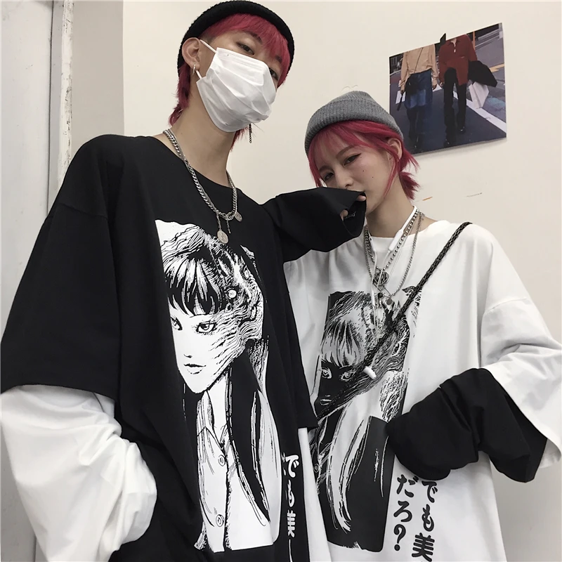 Lychee Harajuku Лоскутные Поддельные 2 шт. женские футболки темная японская девушка печать Осенняя женская футболка с длинным рукавом женская футболка