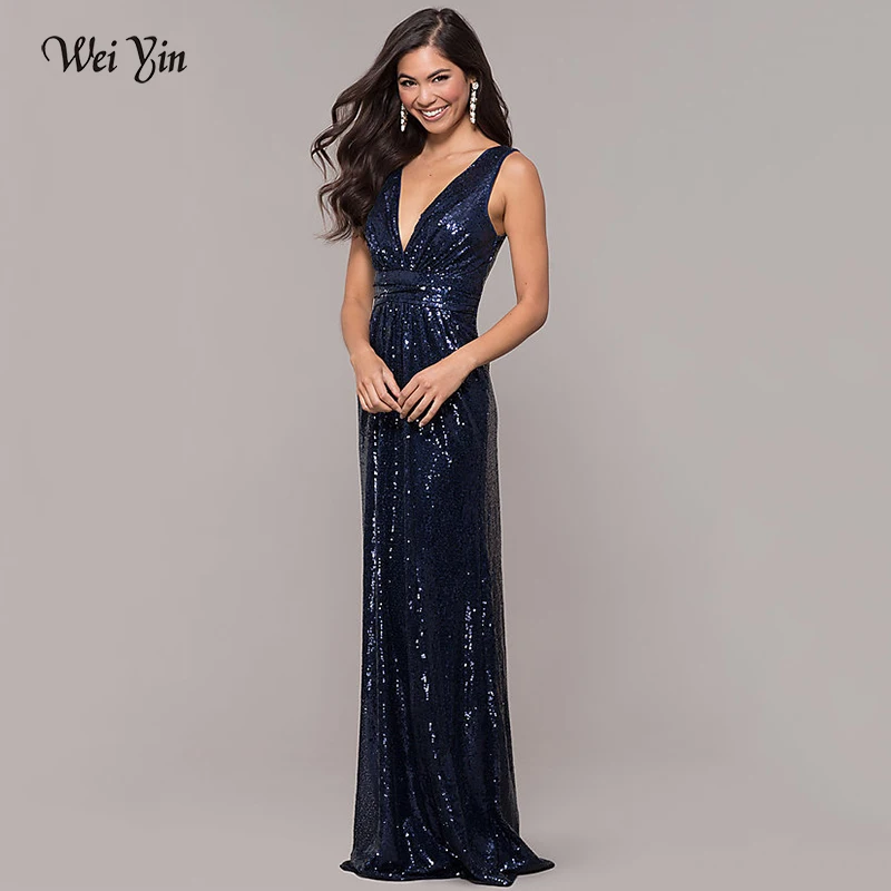 

Weiyin AE0519 Sexy Rose Gold Long Prom Dresses Double V-Neck Sequined Elegant Evening Party Gowns Gala Jurken Dames 2021
