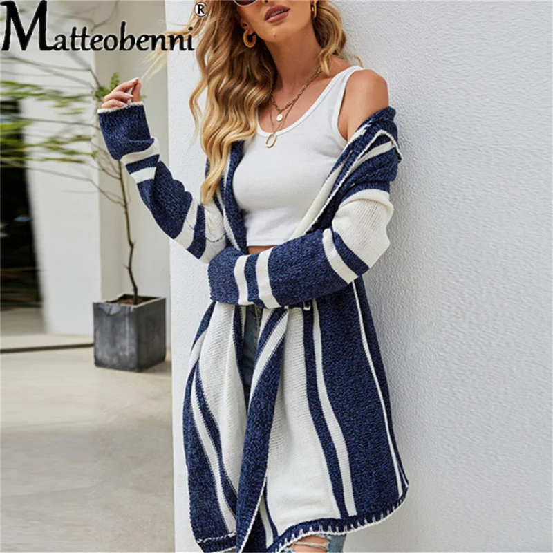 

2021 Womens Boho Open Front Cardigans Sweaters Plus Size Cable Knit Long Sleeve Oversized Cloak Outerwear Striped Hooded Sweater