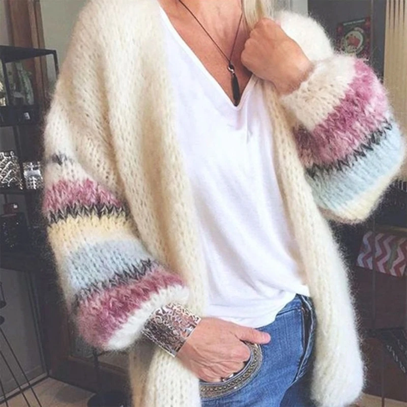 

Women Mohair Knitted Cardigan Candy Color Striped Lantern Sleeve Sweater Coat