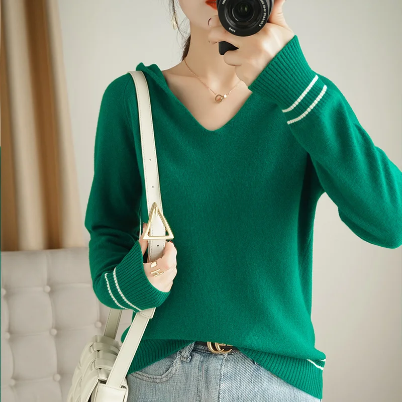 

Женский свитер с капюшоном, вязаные пуловеры из 100% чистой шерсти, женский джемпер, Модный женский свитер с глубоким воротником