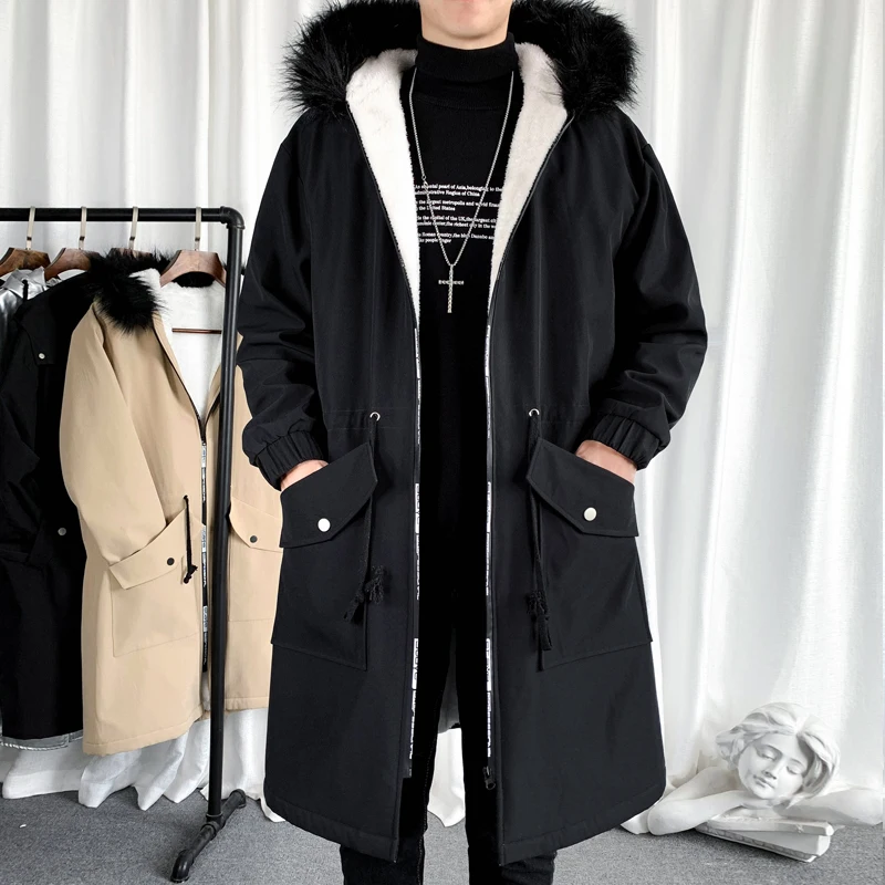 Brand Fashion  Fashion  Windbreaker Hooded Loose Men's Medium and Long Men's Coat Black Khaki Warm Thickened Winter Men's Jacket