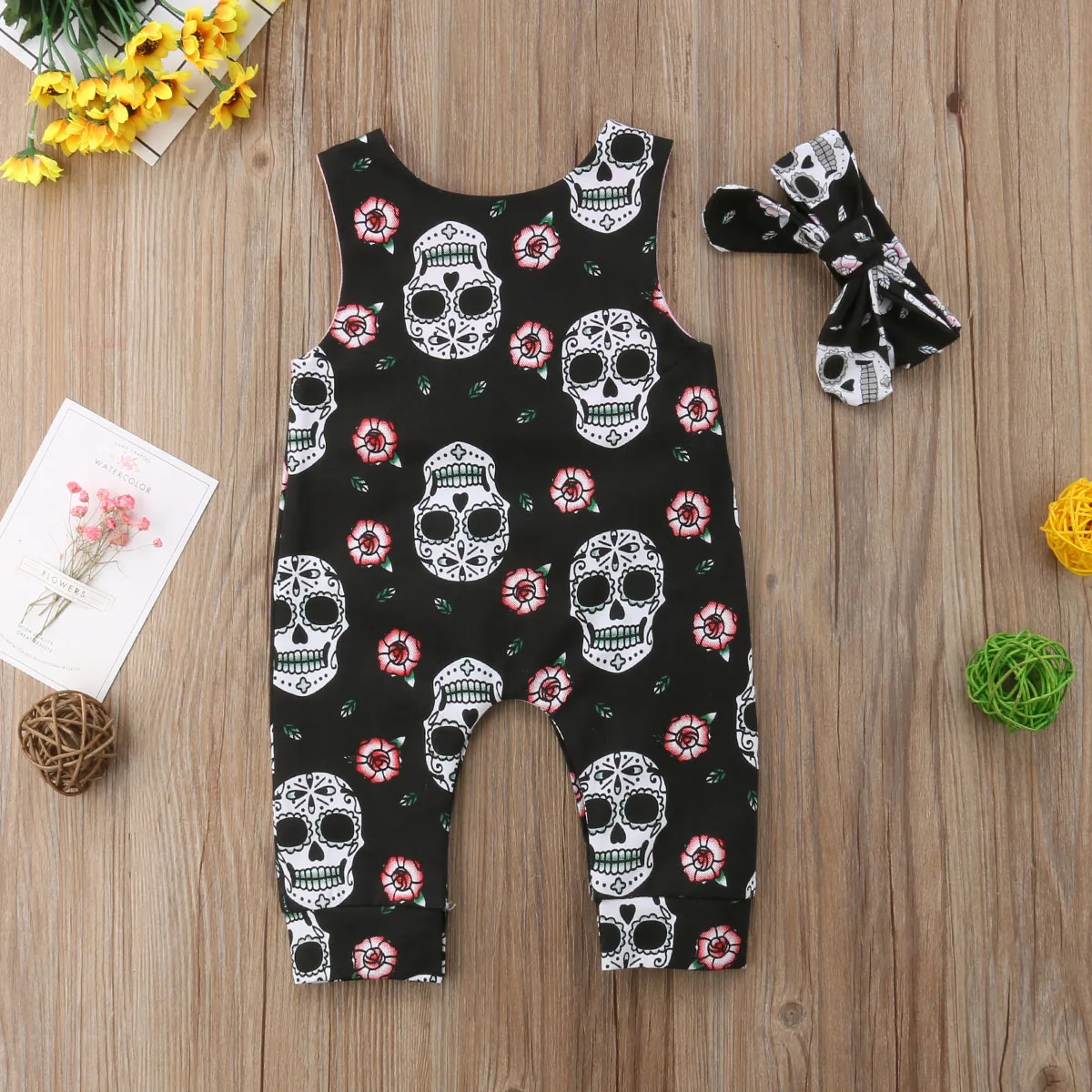 

Pudcoco 2020 Autumn 0-18M Toddler Baby Girls 2Pcs Set Skull Print Floral Sleeveless Romper+Headband Infant Outfits Halloween