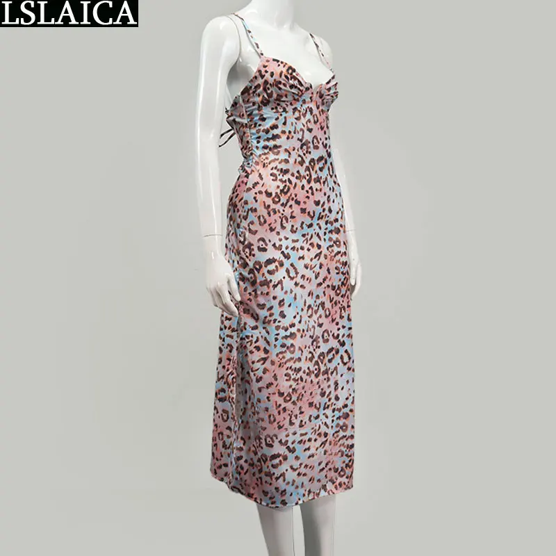 

Slip Dress Leopard Print Strapless Bandage Holiday Beach Dress Women Sleeveless Summer Hem Split Sexy Clubwear Fashion Robe