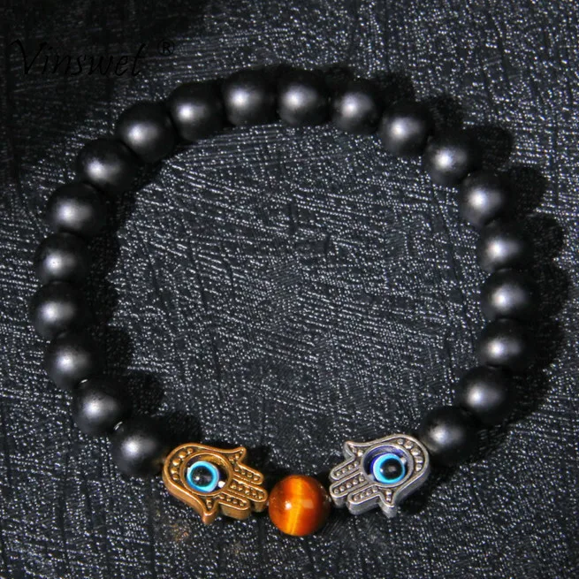 Браслет из натурального камня обсидиан мужской браслет бусины рука Фатимы