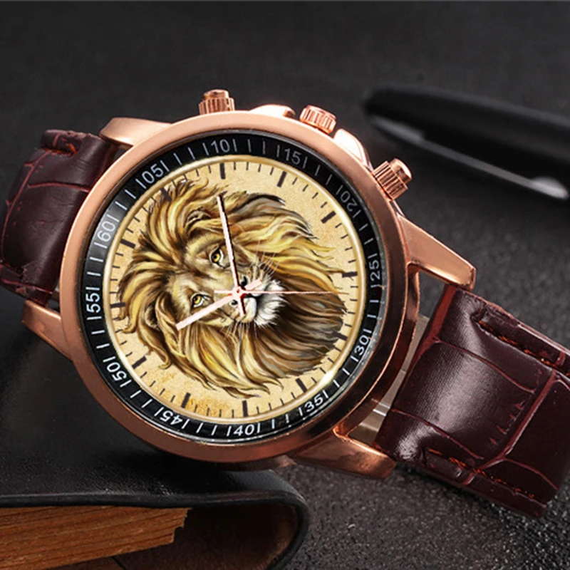 

Men's Watch Gold Lion King Leather strap Watches Simple Men Business Belt Quartz Watch horloges manne norologio uomo