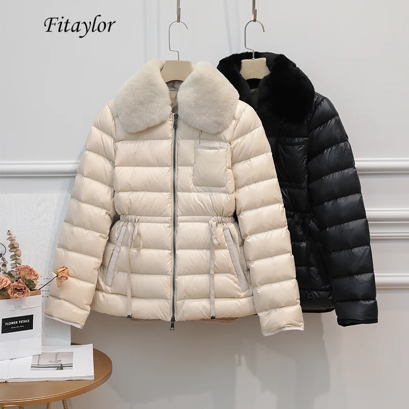 

Fitaylor Winter Ultra Light 90% Duck Down Jacket Women Large Natural Rabbit's Hair White Duck Down Parka Sash Tie Up Warm Coats