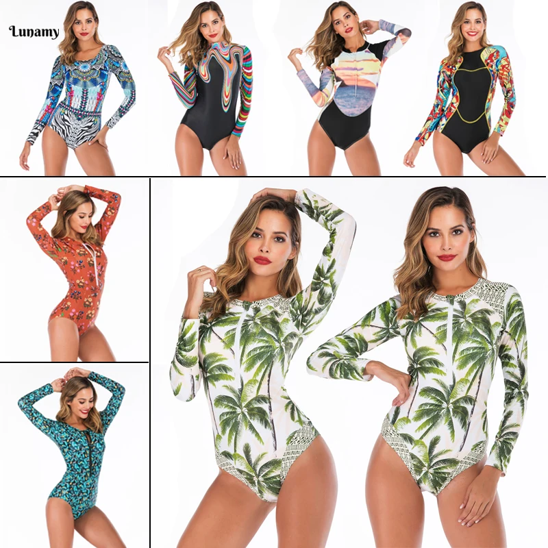 Lunamy, винтажный Цельный купальник с принтом, слитный купальник, Maillot De Bain Femme, сексуальный купальник на молнии спереди, женский купальник