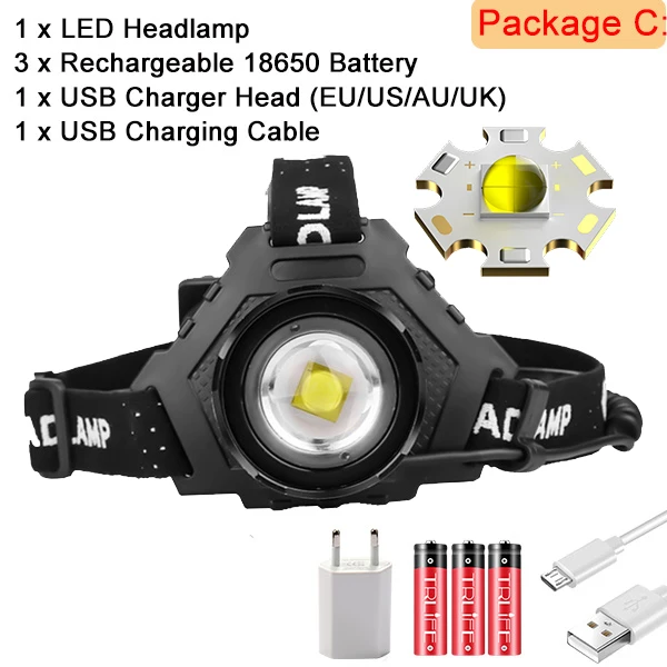 Package C XHP70 светодиодный налобный фонарь 18650 налобный светильник наибольшая мощность 32 Вт USB налобный фонарь Zoom power Bank 7800 мАч алюминиевый походный рыболовный светильник - Испускаемый цвет: Package C