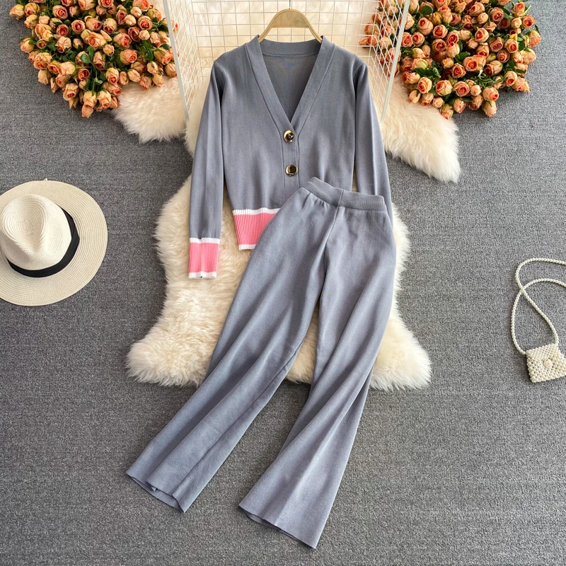 

pants Set autumn winter V-neck color-blocking knitted cardigan short top with high-waisted wide-leg pants two-piece women