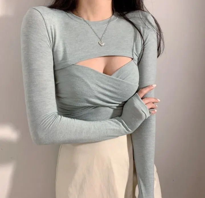 

2021 Summer New Sexy Women's T-shirt Solid Color Korean Long-sleeved Round Neck 3 Color Slim Short T-shirt Women Sexy Tops