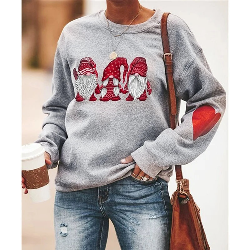 

Women's Christmas Three Santas Print Round Neck Arm Love Sweatshirt Light Grey
