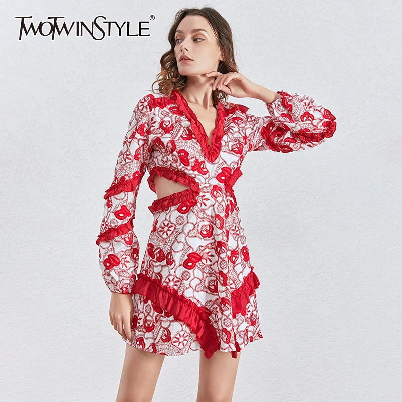 TWOTWINSTYLE платье с v образным вырезом длинным рукавом и высокой талией лоскутные