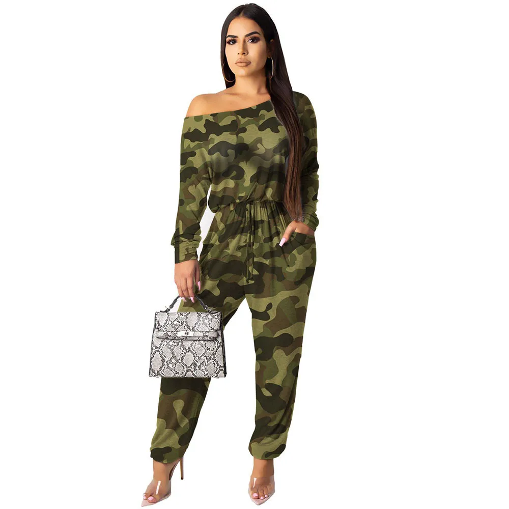 

Sexy One Shoulder Camouflage Rompers Womens Jumpsuit Long Sleeves Winter Jumpsuit Drawstring Waist Loose Casual Overalls Mono