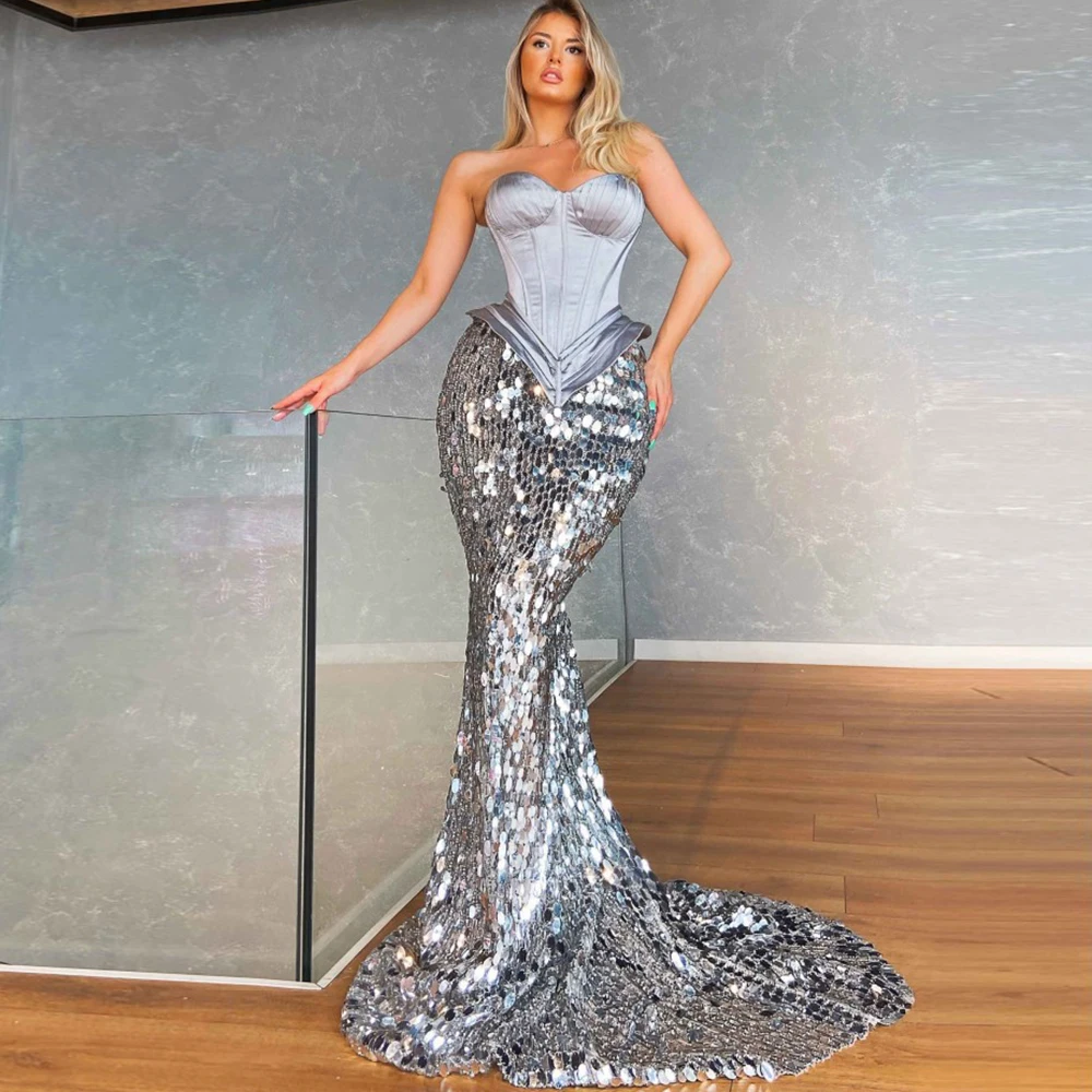 

Новое поступление серебряные блестящие вечерние платья Длинные 2021 Блестки Русалка официальное платье для выпускного вечера Милое сексуал...